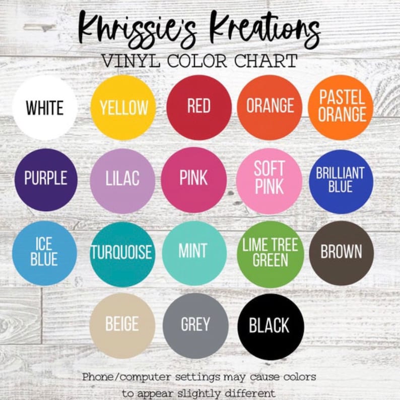 May include: Vinyl color chart with 18 color swatches in circles. Colors include white, yellow, red, orange, pastel orange, purple, lilac, pink, soft pink, brilliant blue, ice blue, turquoise, mint, lime tree green, brown, beige, grey, and black.