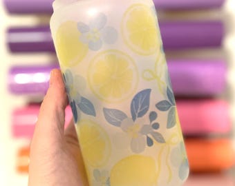 Lemon Floral Glass 16oz/Blue Floral Lemon Glass/Iced Coffee Glass/Classy Lemon Glass/Perfect Gift