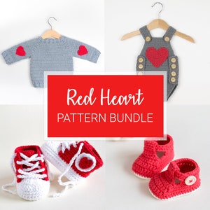 May include: A crochet pattern bundle featuring a grey sweater with red hearts, a grey overall with a red heart, red and white high top shoes, and red and white sandals with a red heart.