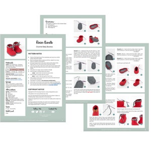 Op de afbeelding: Een haakpatroon voor regenlaarzen, met instructies en illustraties. Het patroon bevat de benodigde materialen, afkortingen en informatie over de steekdichtheid. Het patroon is voor babyschoentjes.