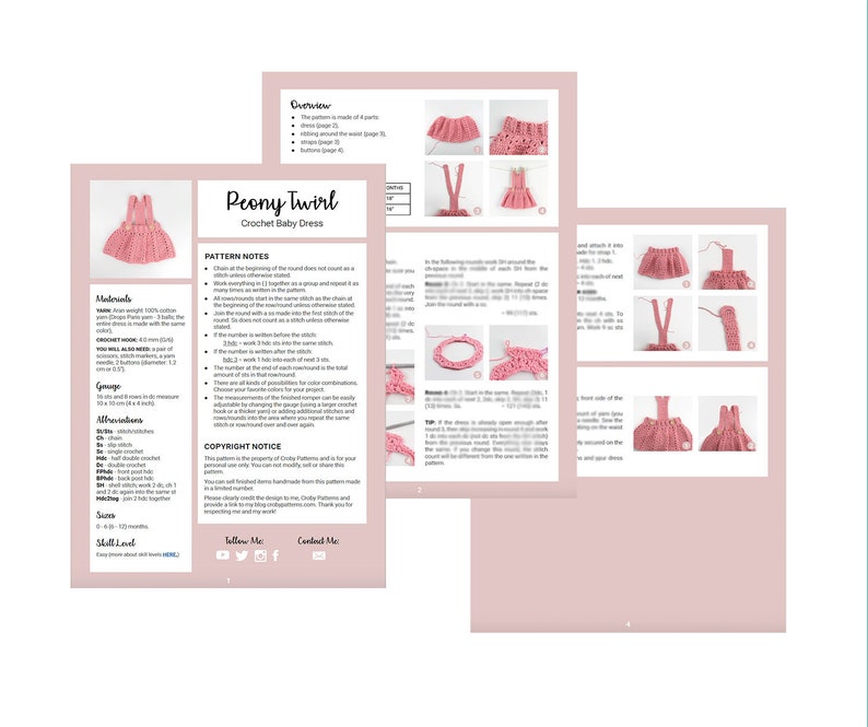 Pode incluir: Um padr&atilde;o de croch&ecirc; para um vestido de beb&ecirc; chamado "Peony Twirl". O padr&atilde;o inclui instru&ccedil;&otilde;es para fazer o vestido, bem como uma lista de materiais e abrevia&ccedil;&otilde;es. O padr&atilde;o est&aacute; dispon&iacute;vel para compra e inclui um aviso de direitos autorais.