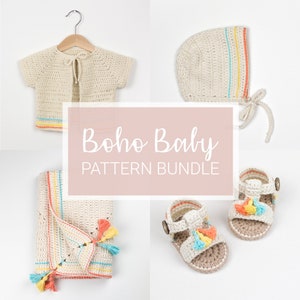 May include: A crochet baby pattern bundle featuring a cardigan, hat, blanket, and sandals. The items are all cream coloured with colourful stripes and tassels.