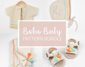 CROCHET PATTERN Bundle - Four Crochet Patterns - Boho Baby - Crochet Baby Cardigan/Bonnet/Sandals/Blanket - PDF