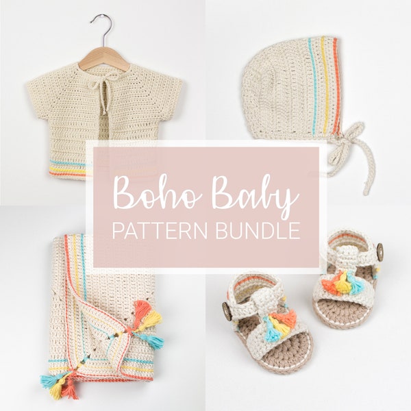 CROCHET PATTERN Bundle - Four Crochet Patterns - Boho Baby - Crochet Baby Cardigan/Bonnet/Sandals/Blanket - PDF