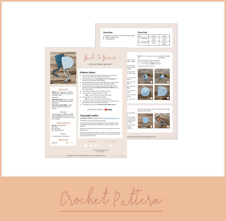 May include: A crochet pattern for a baby bonnet with instructions and a copyright notice. The pattern is titled "Back To Basics Crochet Baby Bonnet".
