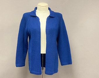 Vintage 1950’s Blue Hand Knit Collared Open Cardigan Sweater