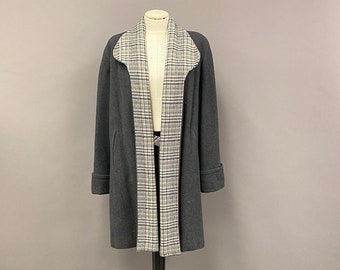 Vintage 1960's Carolyn Gray Wool Cape-Style Coat with Plaid Collar