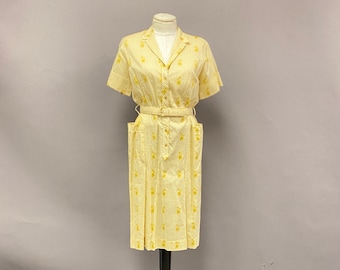 Vintage 1960's Yellow Checkered and Floral Shirt Dress with Belt