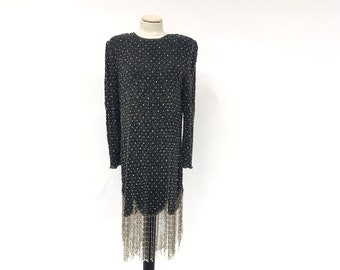 Vintage 1980's Silk High Neck Sequin and Pearl Beaded Dress With Fringe