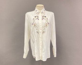 Vintage 1980's White Silk Embroidered Button Down