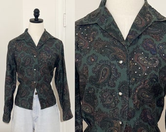 Vintage 1950's Paisley Print Tailored Blouse with Rhinestones