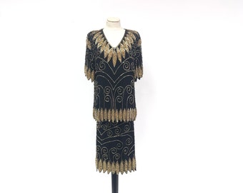 Vintage 1980's Joseph Labon Beaded Silk Top and Skirt Set