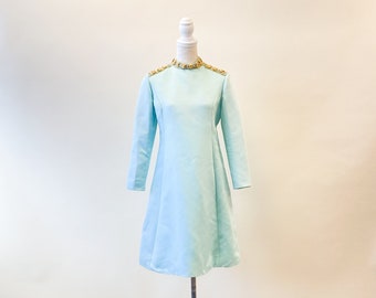 Vintage 1960's Handmade Teal A-line Dress with Gold Beaded Collar