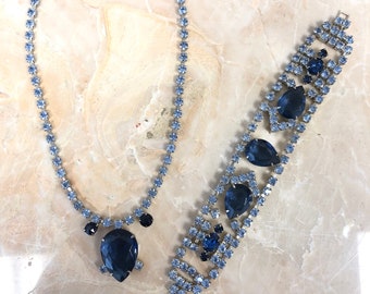 Vintage 1950's Two Piece Blue Rhinestone Necklace & Bracelet Set