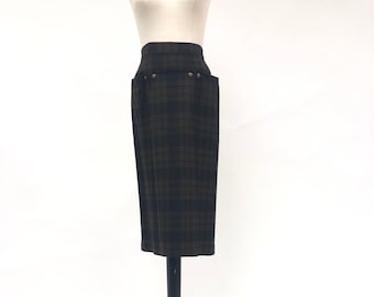 Vintage 1970's Plaid Wool Midi Skirt