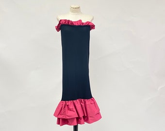 Vintage 1980's Black Strapless Dress with Pink Ruffled Hem