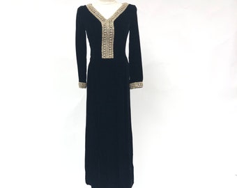 Vintage 1960's Black Velvet Dress with Metallic Trim