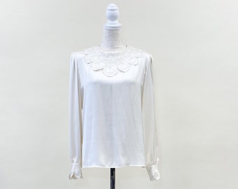 Vintage 1980's Lloyd Williams Ivory Blouse with Hand Embroidered Collar and Cuffs