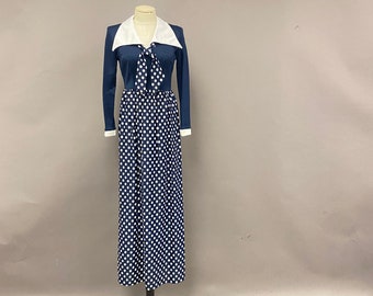 Vintage 1970’s Polka Dot Maxi Dress with Large White Sailor Collar