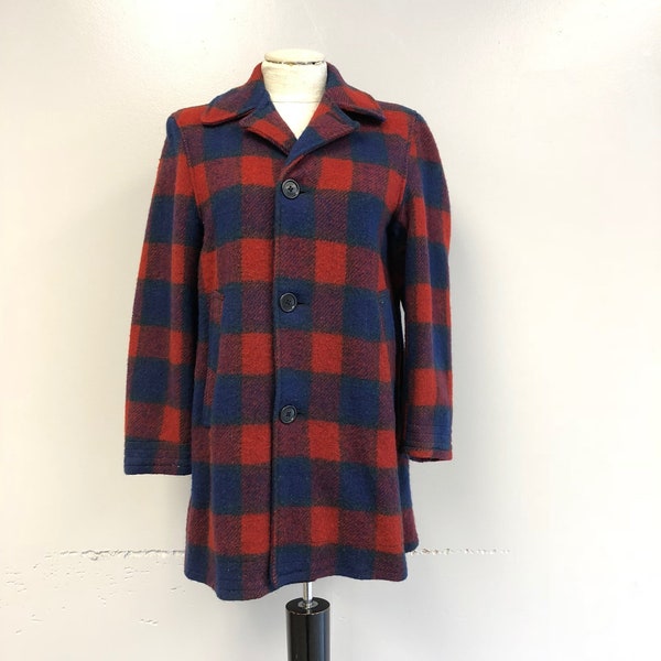 Vintage 1930's/1940's Rood &Blauw Geruite Wol Flanellen Jas