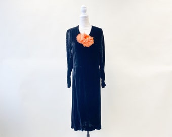 Vintage 1930's Black Velvet Drop Waist Dress with Orange Flower