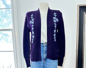 Vintage 1920's/30's Wool Knit Cardigan with Hand Embroidered Flowers
