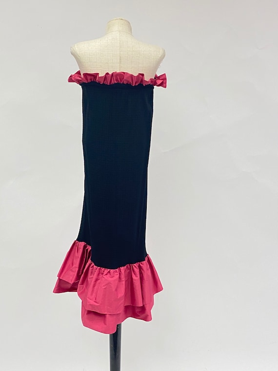 Vintage 1980's Black Strapless Dress with Pink Ru… - image 6