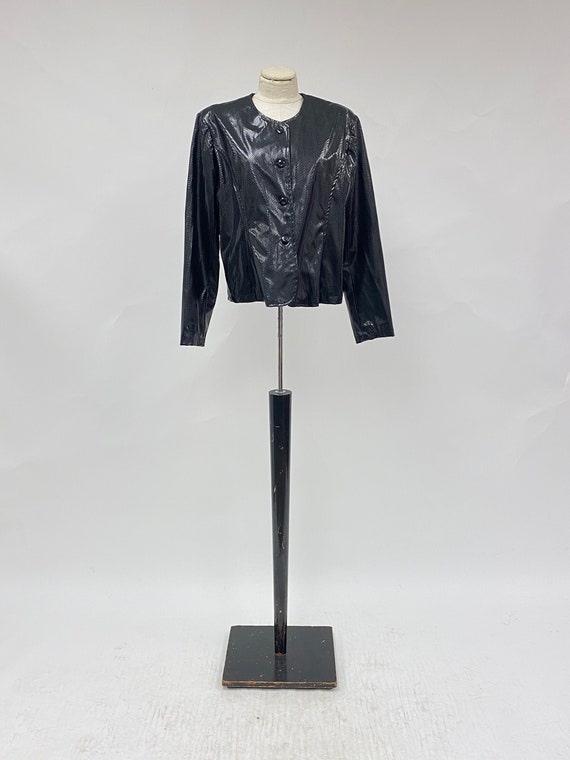 80s Black Leather Coat With Embossed Snake Skin Pattern 