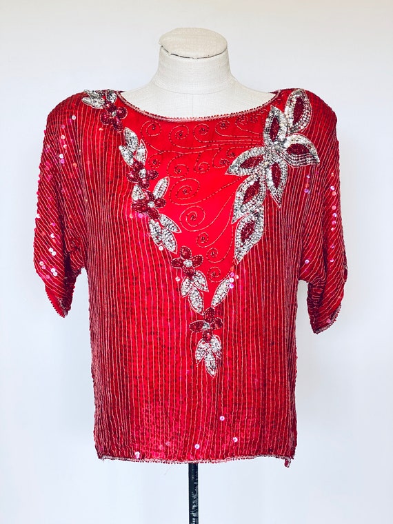 Vintage 1980's Red Sequin Blouse - image 2
