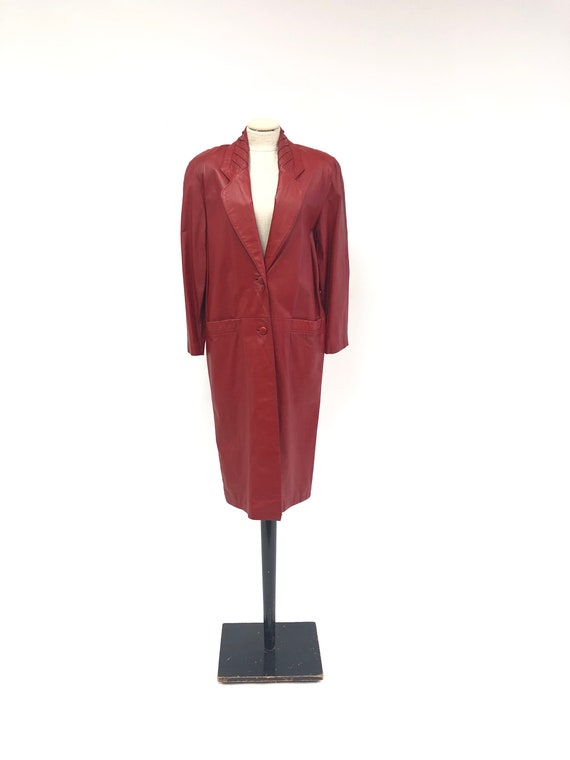 Vintage 1980's Charles Klein Red Leather Trench C… - image 1
