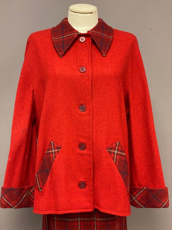 Vintage 1940’s Red Plaid Wool Jacket and Skirt Set - image 3