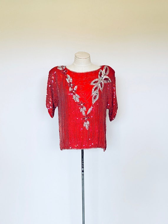Vintage 1980's Red Sequin Blouse - image 1
