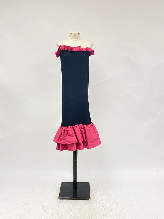 Vintage 1980's Black Strapless Dress with Pink Ru… - image 1