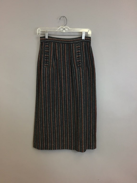 Vintage Striped Herringbone Wool Midi Skirt