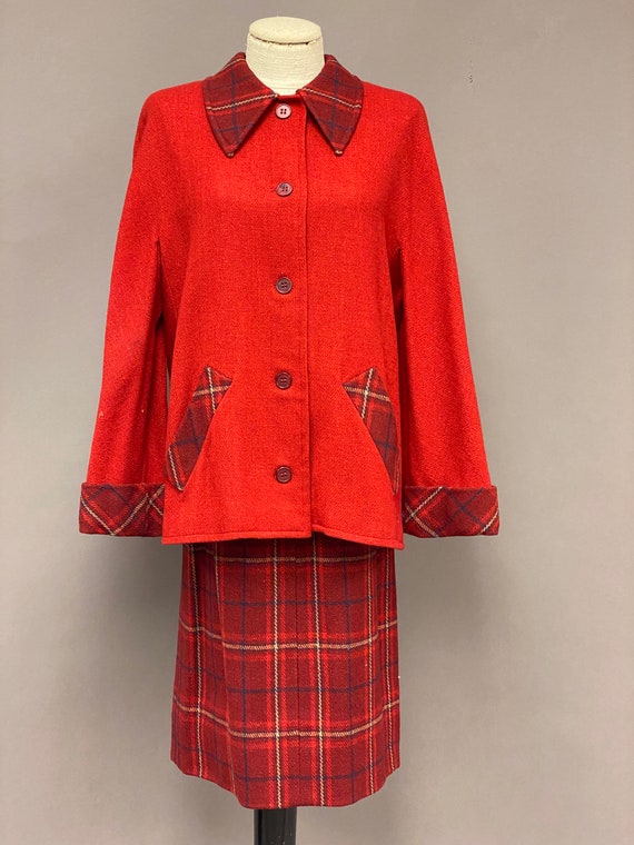 Vintage 1940’s Red Plaid Wool Jacket and Skirt Set - image 2