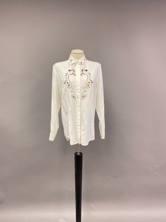 Vintage 1980's White Silk Embroidered Button Down