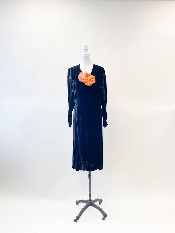 Vintage 1930's Black Velvet Drop Waist Dress with… - image 1