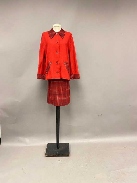 Vintage 1940’s Red Plaid Wool Jacket and Skirt Set - image 1