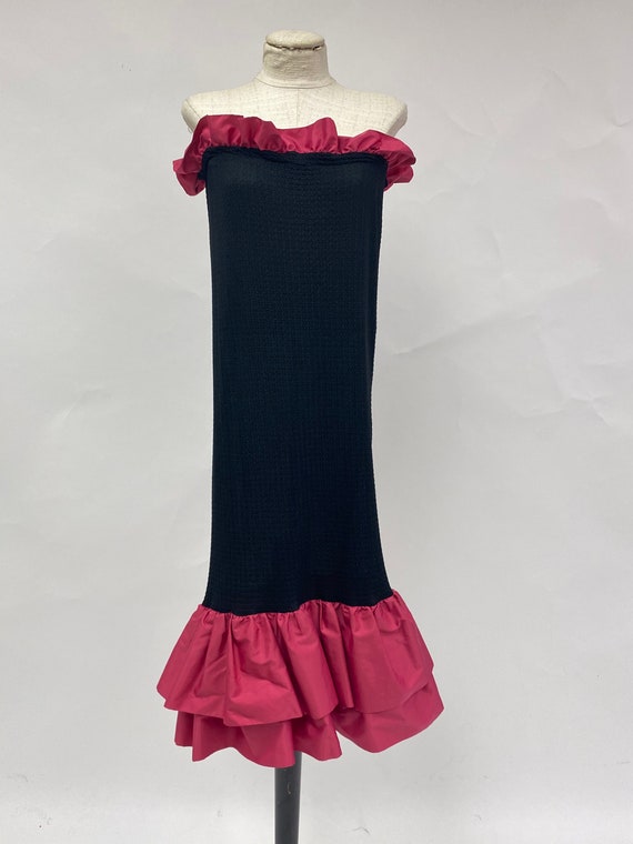 Vintage 1980's Black Strapless Dress with Pink Ru… - image 2