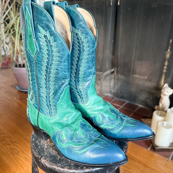 Vintage Larry Mahan Turquoise Cowboy Boots - Sz 7B