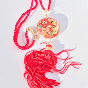 Rare Vintage cloisonné pendant with vibrant red tassel, vintage butterfly and lotus necklace, 1980’s cloisonné double sided pendant