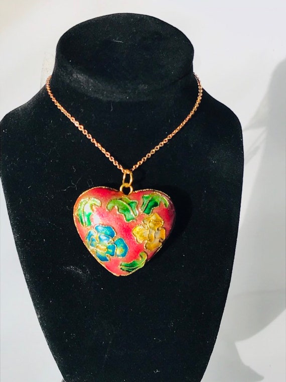 Stunning cloisonné heart necklace, heart pendant - image 2