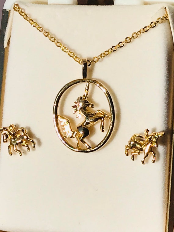 Vintage 14k gold plated unicorn pendant and earri… - image 1