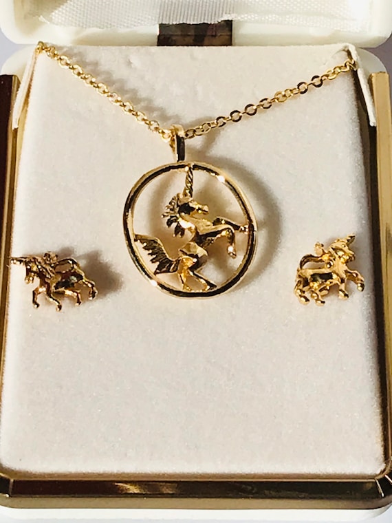 Vintage 14k gold plated unicorn pendant and earri… - image 4
