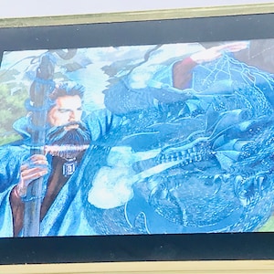 RARE vintage out of production holographic wizard and blue dragon with frame, holographic pictures, Merlin, dragon heart, Tuatha de Danaan