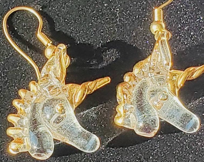 RARE OOAK vintage 14k gold plated handblown glass unicorn earrings, unicorn dangle earrings, glassblown unicorn, handmade unicorn jewelry