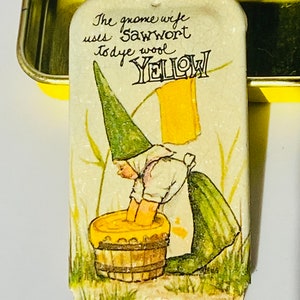 May include: A vintage illustration of a gnome wife using a yellow dye to dye wool yellow. The text reads "The gnome wife uses Sawwort to dye wool YELLOW".