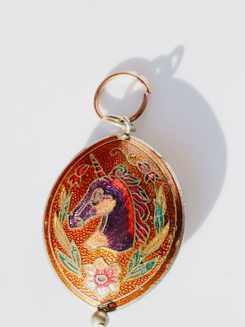 RARE vintage unicorn necklace, vintage cloisonne unicorn pendant, double sided unicorn pendant, 1980s unicorn image 3