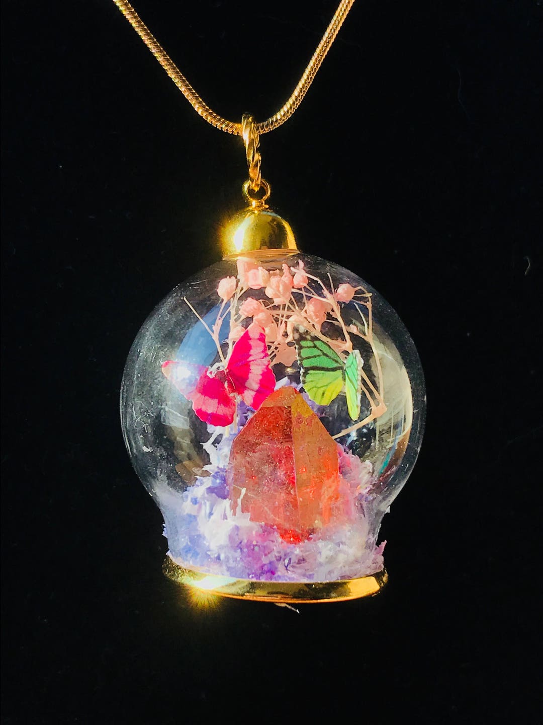 OOAK Raspberry Aura Quartz and Mini Butterfly Terrarium Necklace, Reiki, Color, and Sound ...