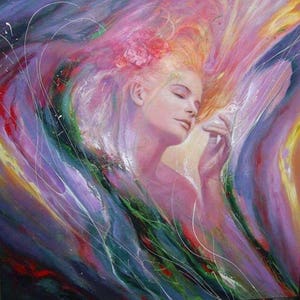 May include: A painting of a woman with long, flowing hair and a flower in her hair. The woman is surrounded by swirling colours of purple, pink, blue, and green.